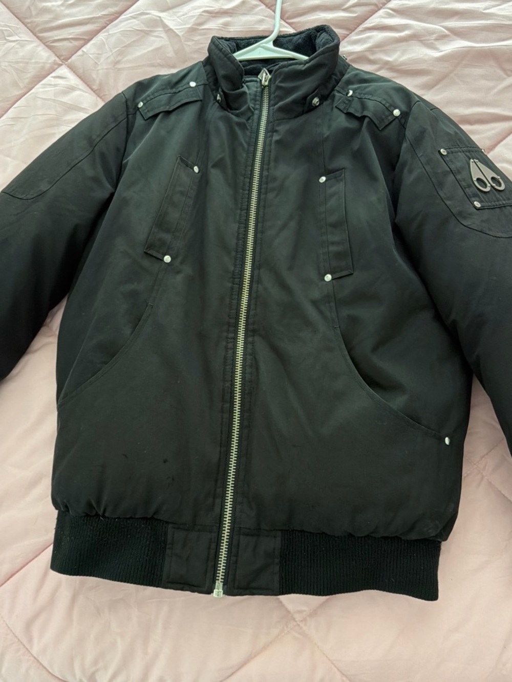 Moose Knuckles Black Bomber Jacket with Stand Collar